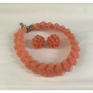 Coral Ribbon Braid Necklace Earrings Set